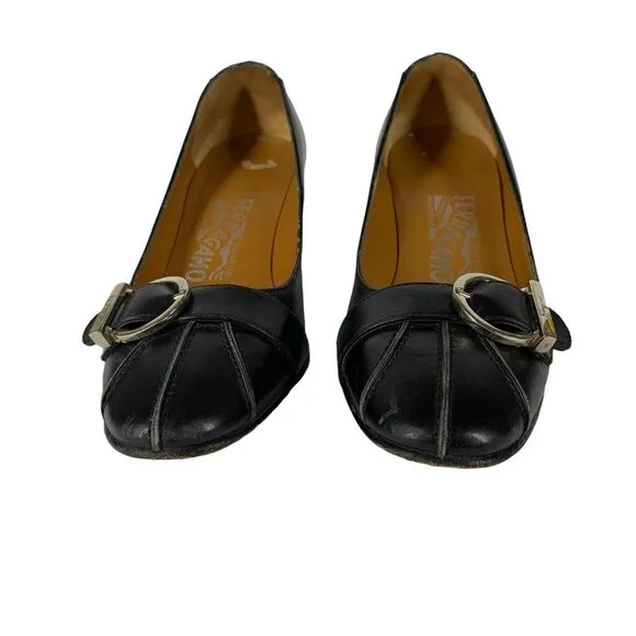 SALVATORE FERRAGAMO Black Leather Round Toe Low Heel Pumps Size 4.5 B Heels