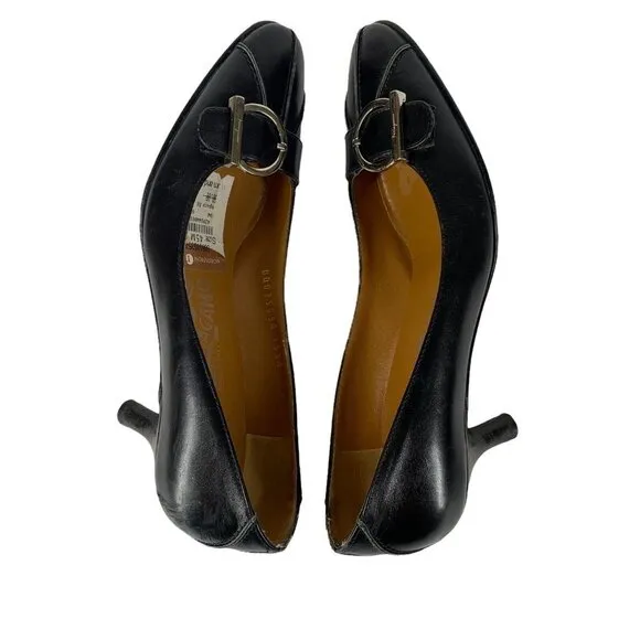 SALVATORE FERRAGAMO Black Leather Round Toe Low Heel Pumps Size 4.5 B Heels