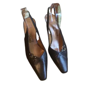 Salvatore Ferragamo Black Lizard Print  Slingback Heels Size 8.5