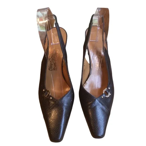 Salvatore Ferragamo Black Lizard Print  Slingback Heels Size 8.5