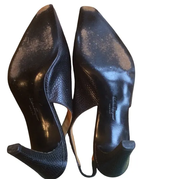 Salvatore Ferragamo Black Lizard Print  Slingback Heels Size 8.5