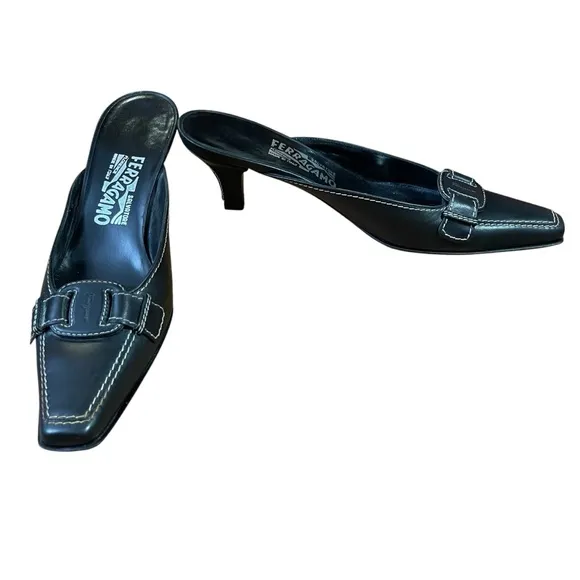 Salvatore Ferragamo Black Mules with Low Heel and Decorative Vamp 7.5 3A