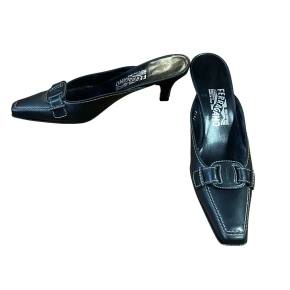 Salvatore Ferragamo Black Mules with Low Heel and Decorative Vamp 7.5 3A