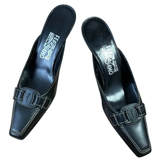 Salvatore Ferragamo Black Mules with Low Heel and Decorative Vamp 7.5 3A