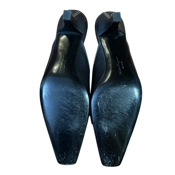 Salvatore Ferragamo Black Mules with Low Heel and Decorative Vamp 7.5 3A