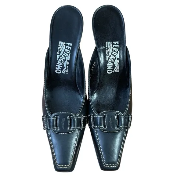 Salvatore Ferragamo Black Mules with Low Heel and Decorative Vamp 7.5 3A