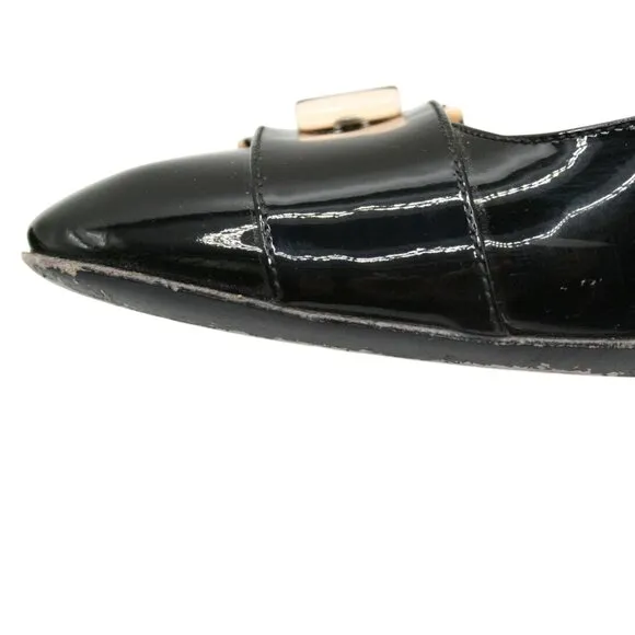 Salvatore Ferragamo Black Patent Leather Zebra Buckle Slingback Heels 8.5 B