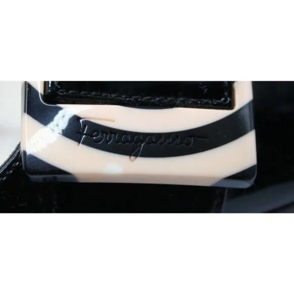 Salvatore Ferragamo Black Patent Leather Zebra Buckle Slingback Heels 8.5 B
