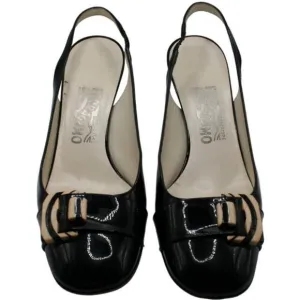 Salvatore Ferragamo Black Patent Leather Zebra Buckle Slingback Heels 8.5 B