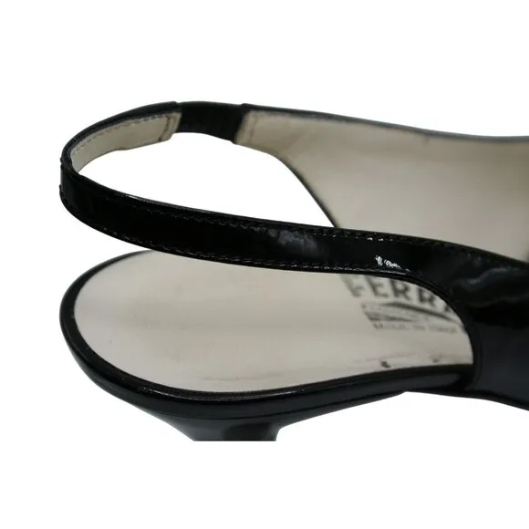 Salvatore Ferragamo Black Patent Leather Zebra Buckle Slingback Heels 8.5 B
