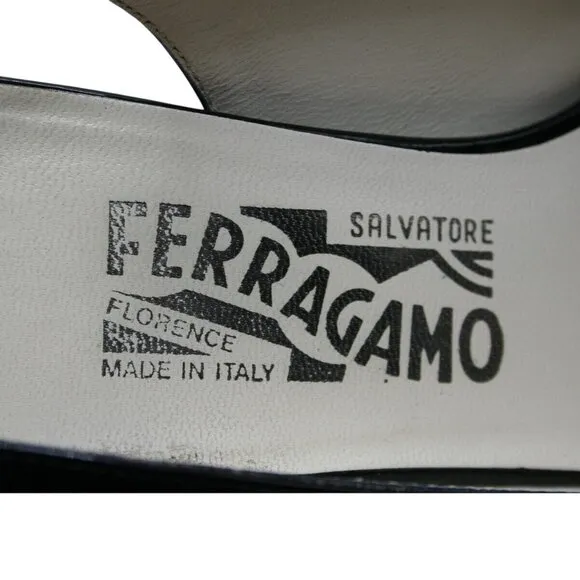 Salvatore Ferragamo Black Patent Leather Zebra Buckle Slingback Heels 8.5 B