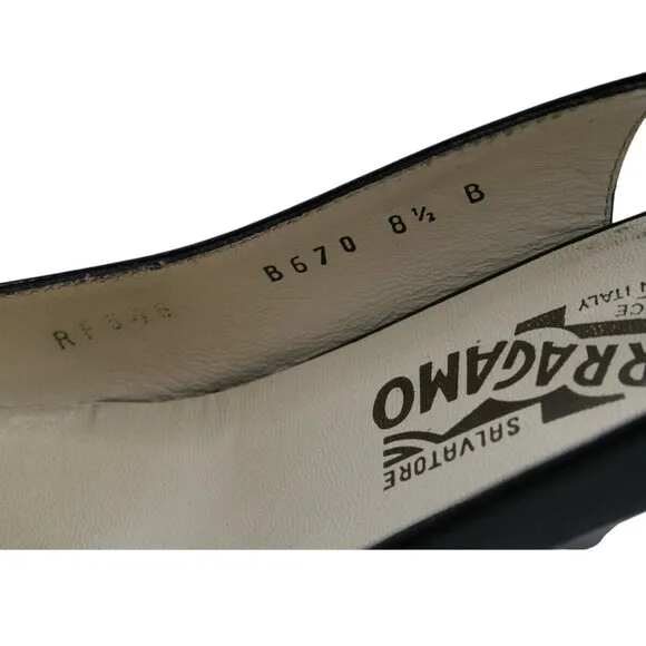 Salvatore Ferragamo Black Patent Leather Zebra Buckle Slingback Heels 8.5 B
