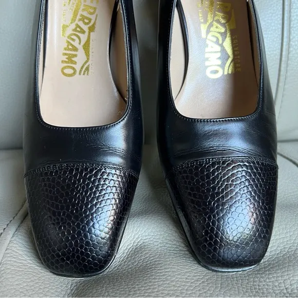 Salvatore Ferragamo Black Women's Slingback Shoes Sz 6.5 Square Toe Black