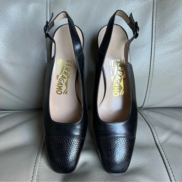 Salvatore Ferragamo Black Women's Slingback Shoes Sz 6.5 Square Toe Black