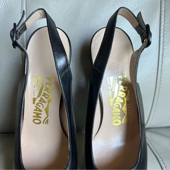 Salvatore Ferragamo Black Women's Slingback Shoes Sz 6.5 Square Toe Black