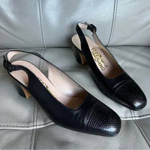 Salvatore Ferragamo Black Women's Slingback Shoes Sz 6.5 Square Toe Black