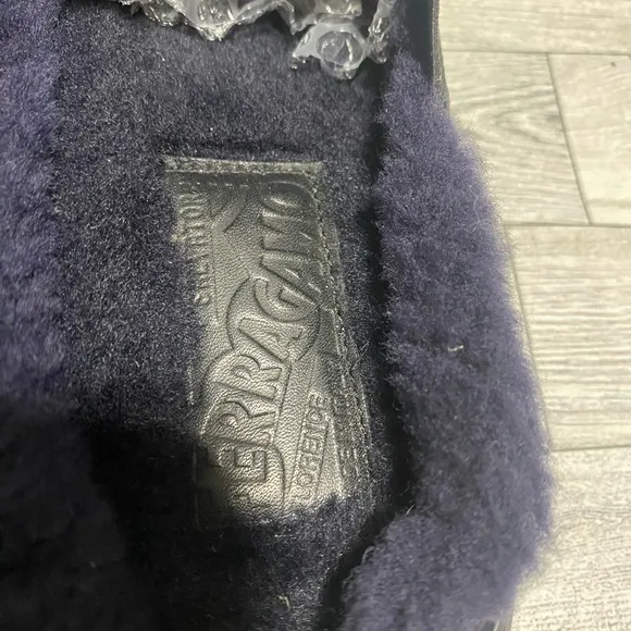 Salvatore Ferragamo Douglas Blue Velvet Slipper Slip On Shearling Fur 9.5