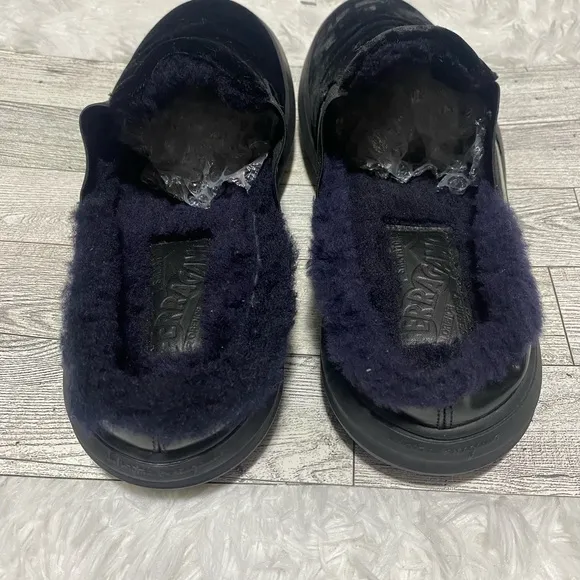 Salvatore Ferragamo Douglas Blue Velvet Slipper Slip On Shearling Fur 9.5