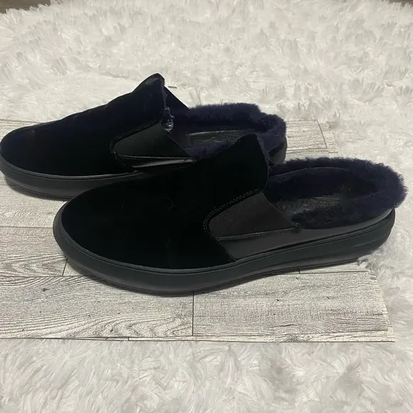 Salvatore Ferragamo Douglas Blue Velvet Slipper Slip On Shearling Fur 9.5