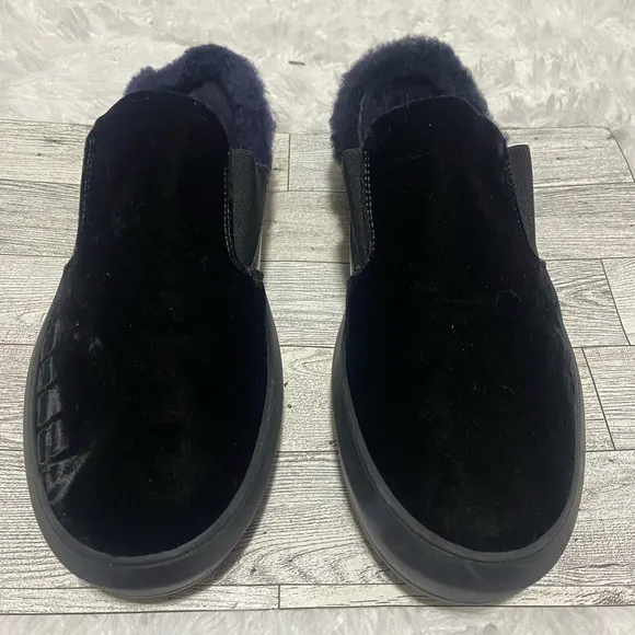 Salvatore Ferragamo Douglas Blue Velvet Slipper Slip On Shearling Fur 9.5