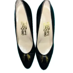 Salvatore Ferragamo Kitten Pumps Heels Black Leather Gold Accent Italy
