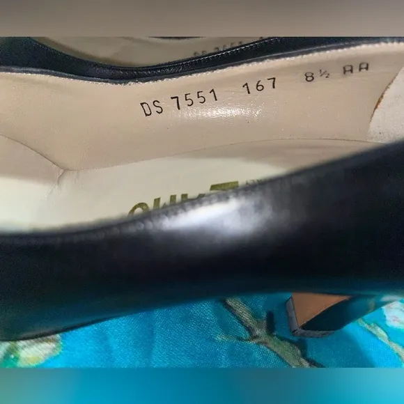 Salvatore Ferragamo Kitten Pumps Heels Black Leather Gold Accent Italy