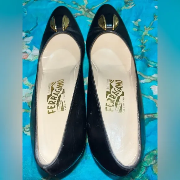 Salvatore Ferragamo Kitten Pumps Heels Black Leather Gold Accent Italy