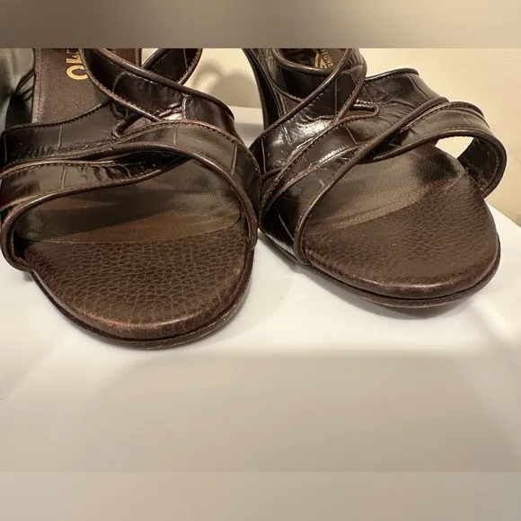 Salvatore Ferragamo Leather Croc Embossed Strappy Tassel Slingback Heels
