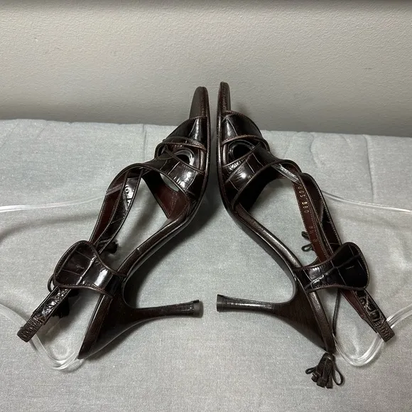 Salvatore Ferragamo Leather Croc Embossed Strappy Tassel Slingback Heels