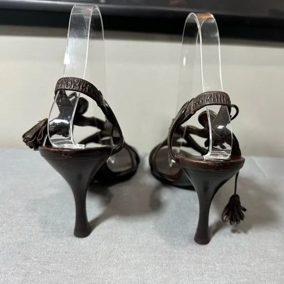 Salvatore Ferragamo Leather Croc Embossed Strappy Tassel Slingback Heels