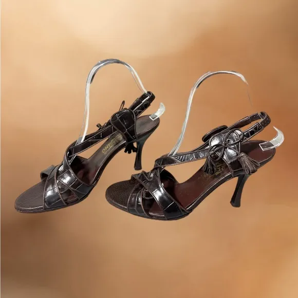Salvatore Ferragamo Leather Croc Embossed Strappy Tassel Slingback Heels