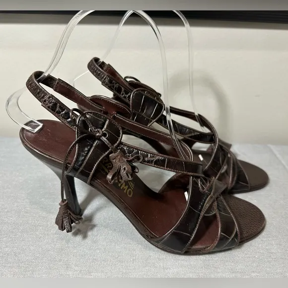 Salvatore Ferragamo Leather Croc Embossed Strappy Tassel Slingback Heels