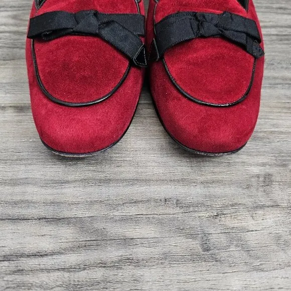 Salvatore Ferragamo Made in Italy Red Suede Bow Slip On Mules