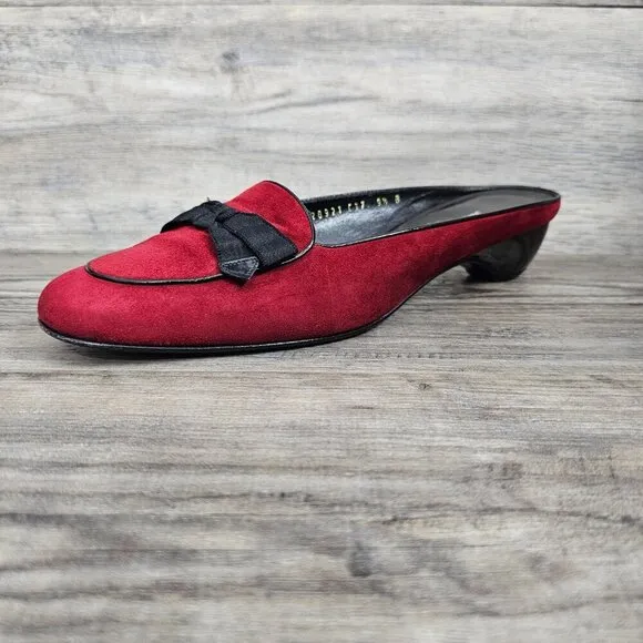 Salvatore Ferragamo Made in Italy Red Suede Bow Slip On Mules