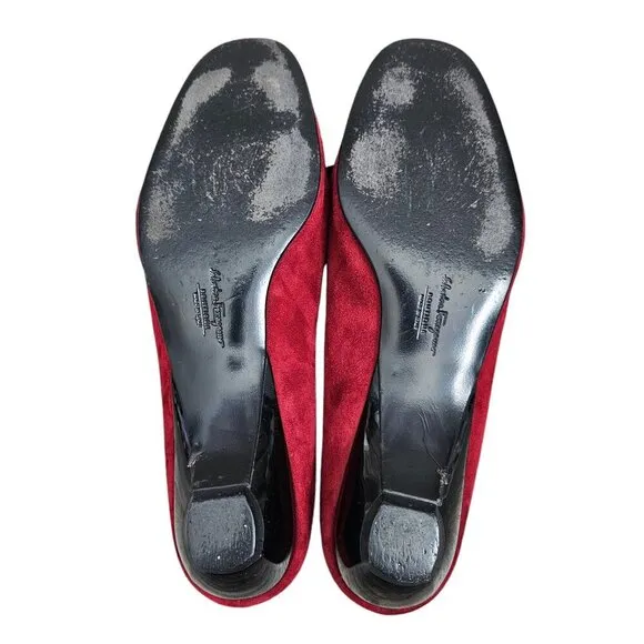 Salvatore Ferragamo Made in Italy Red Suede Bow Slip On Mules