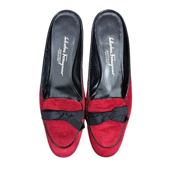 Salvatore Ferragamo Made in Italy Red Suede Bow Slip On Mules