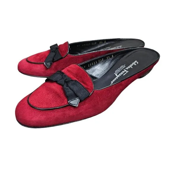 Salvatore Ferragamo Made in Italy Red Suede Bow Slip On Mules