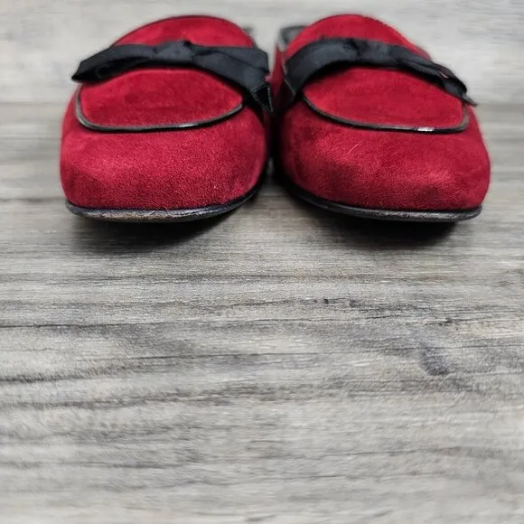 Salvatore Ferragamo Made in Italy Red Suede Bow Slip On Mules