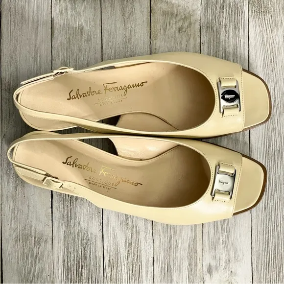SALVATORE FERRAGAMO Renata Spago Calf Open Toe Slingback Heels