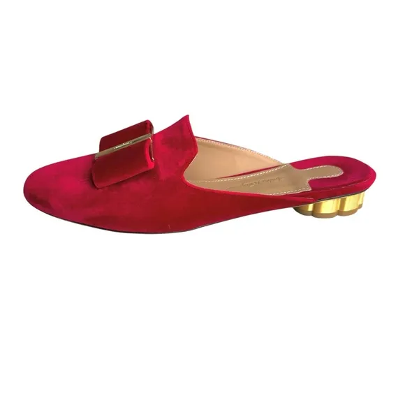 Salvatore Ferragamo Sciacca Red Velvet Mules Bow Detail Flower Heel Flat Sandal