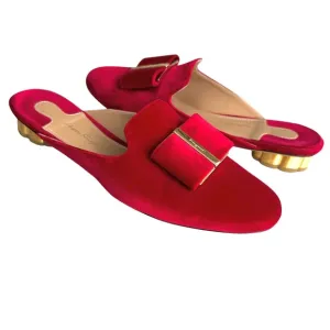 Salvatore Ferragamo Sciacca Red Velvet Mules Bow Detail Flower Heel Flat Sandal