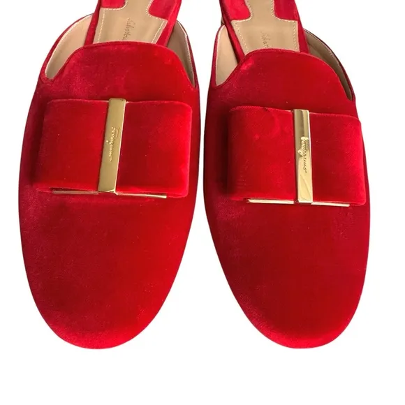 Salvatore Ferragamo Sciacca Red Velvet Mules Bow Detail Flower Heel Flat Sandal