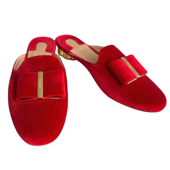 Salvatore Ferragamo Sciacca Red Velvet Mules Bow Detail Flower Heel Flat Sandal