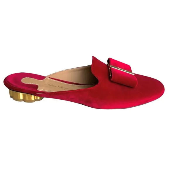 Salvatore Ferragamo Sciacca Red Velvet Mules Bow Detail Flower Heel Flat Sandal