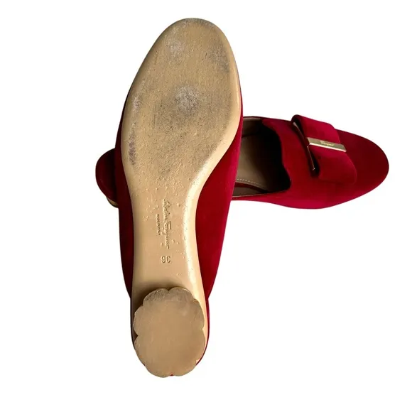 Salvatore Ferragamo Sciacca Red Velvet Mules Bow Detail Flower Heel Flat Sandal