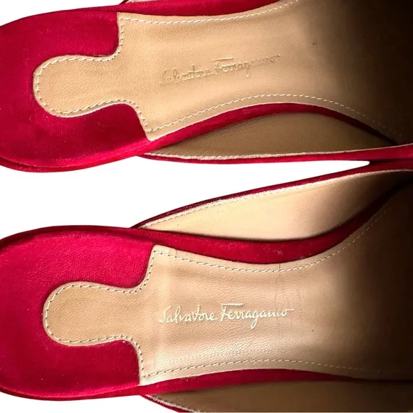 Salvatore Ferragamo Sciacca Red Velvet Mules Bow Detail Flower Heel Flat Sandal