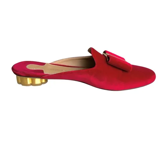 Salvatore Ferragamo Sciacca Red Velvet Mules Bow Detail Flower Heel Flat Sandal