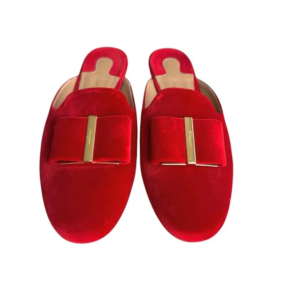 Salvatore Ferragamo Sciacca Red Velvet Mules Bow Detail Flower Heel Flat Sandal