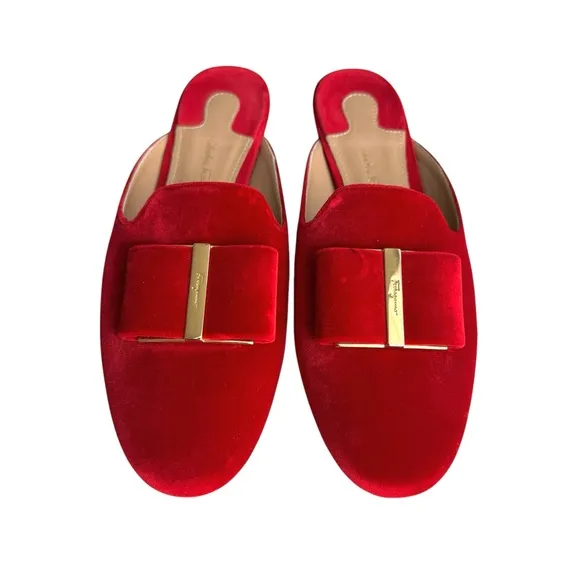 Salvatore Ferragamo Sciacca Red Velvet Mules Bow Detail Flower Heel Flat Sandal