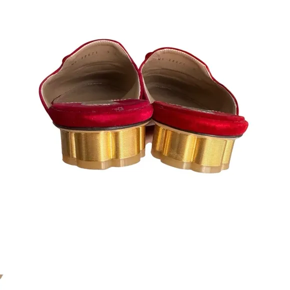 Salvatore Ferragamo Sciacca Red Velvet Mules Bow Detail Flower Heel Flat Sandal